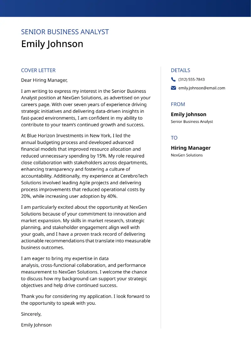 Senior Business Analyst  Cover Letter