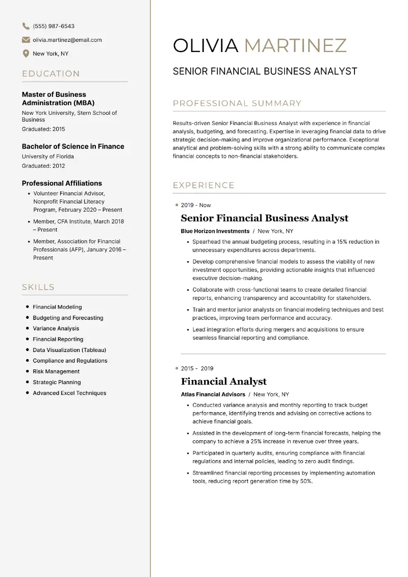 Senior Financial Business Analyst Resume