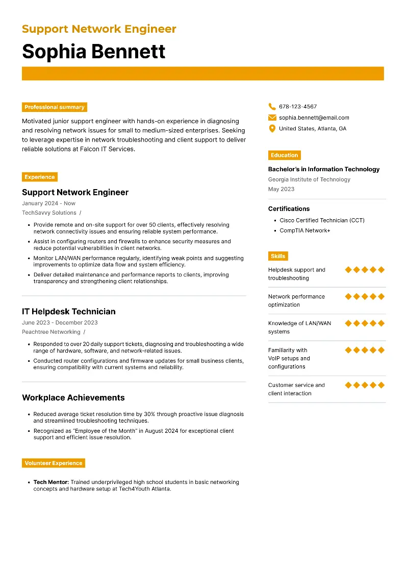 Support Network Engineer  Resume