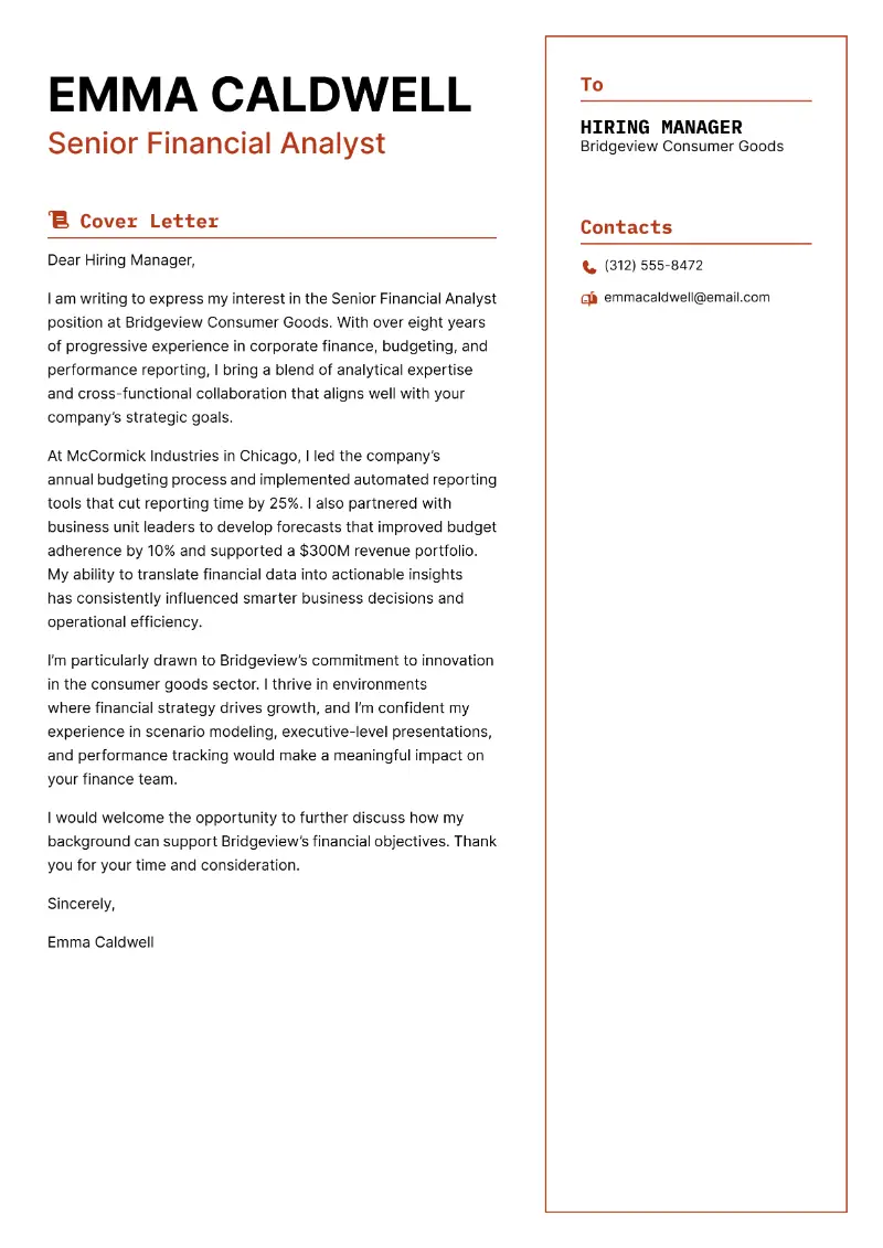 Senior Financial Analyst Cover Letter