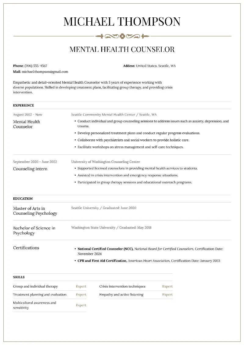 Mental Health Counselor Resume