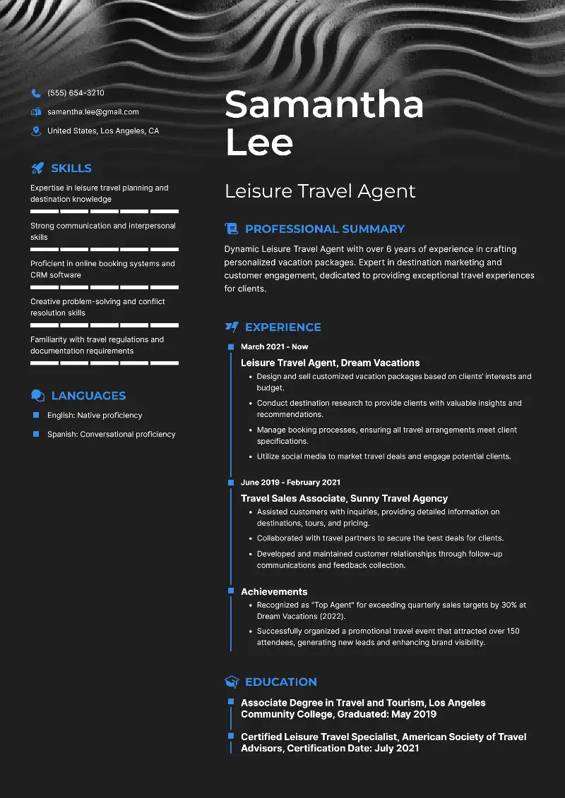 Leisure Travel Agent Resume