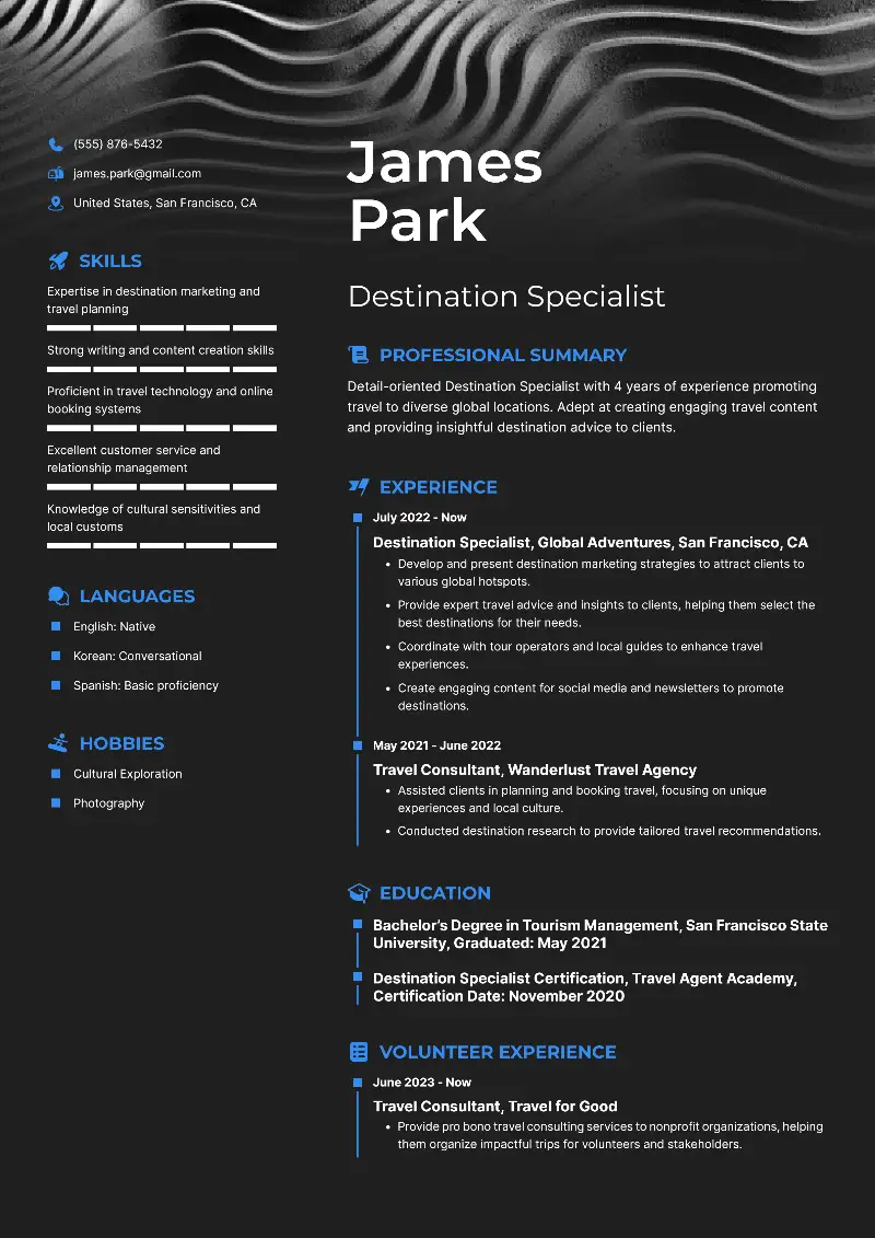 Destination Specialist Resume