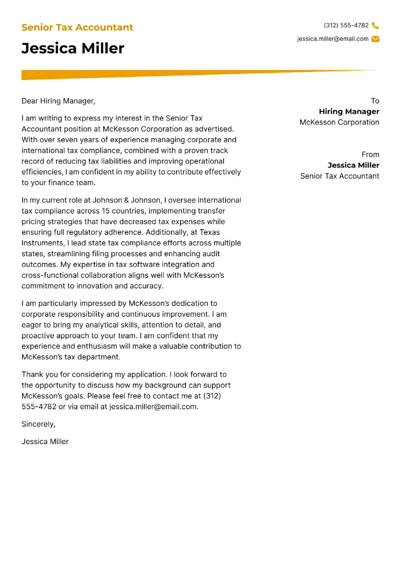 Senior Tax Accountant Cover Letter
