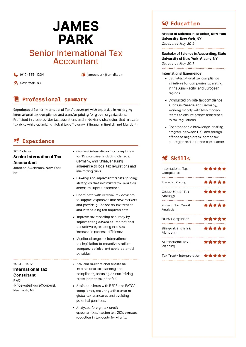 Senior International Tax Accountant Resume