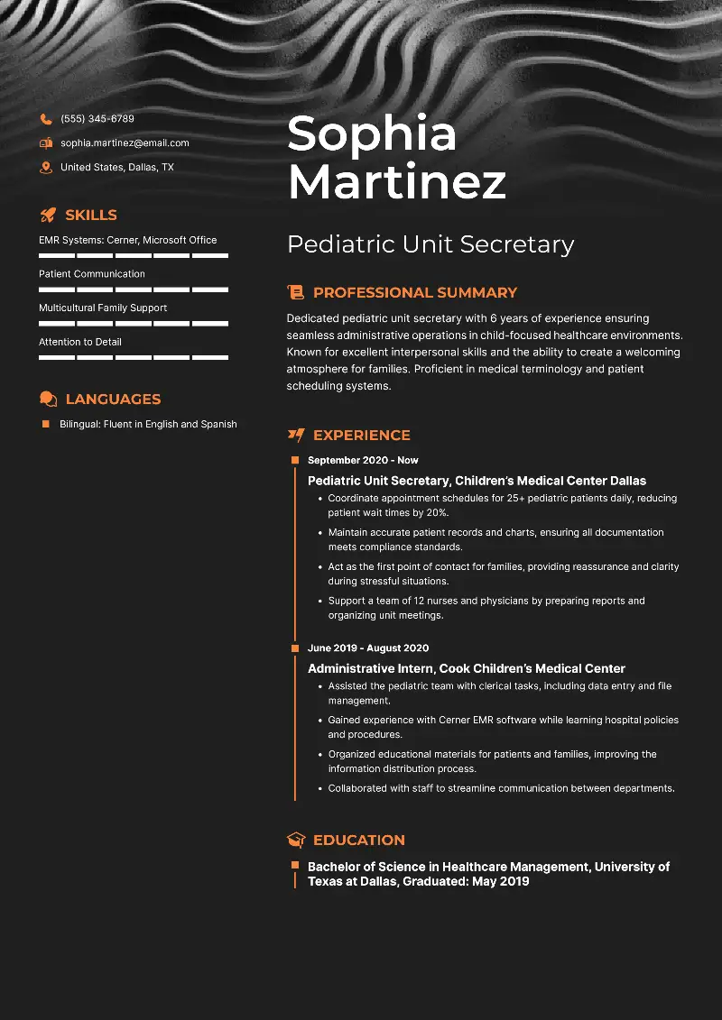 Pediatric Unit Secretary  Resume