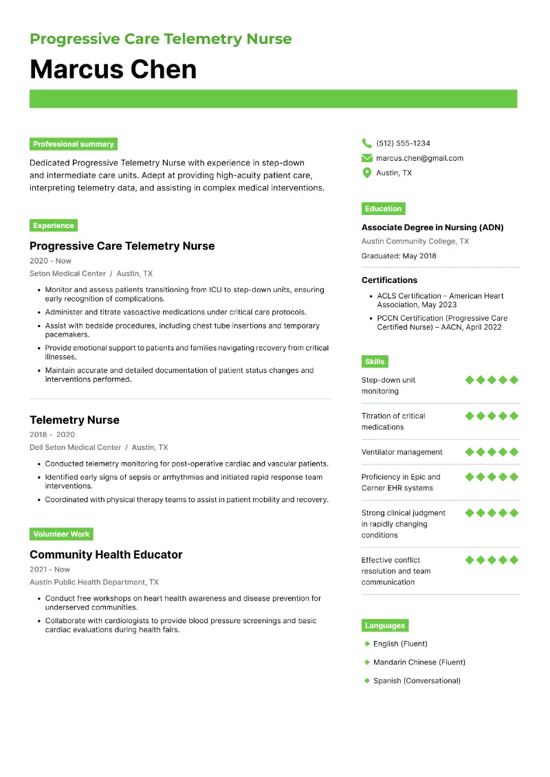 Progressive Care Telemetry Nurse Resume