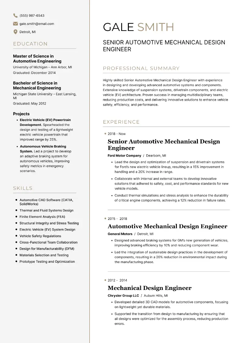 Senior Automotive Mechanical Design Engineer Resume