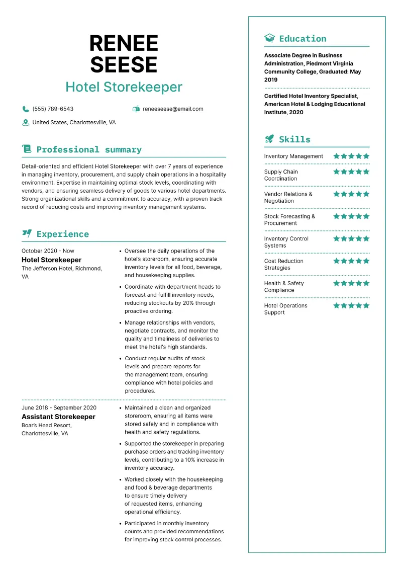 Hotel Storekeeper Resume