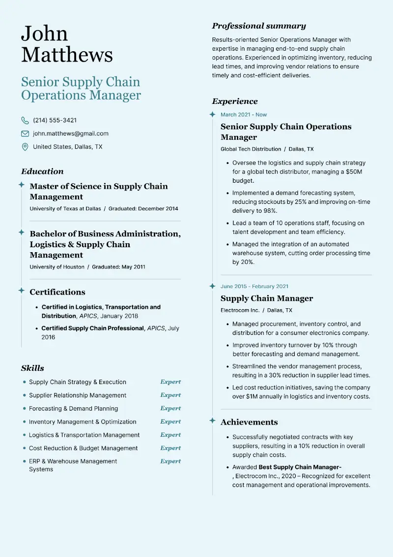 Senior Supply Chain Operations Manager Resume
