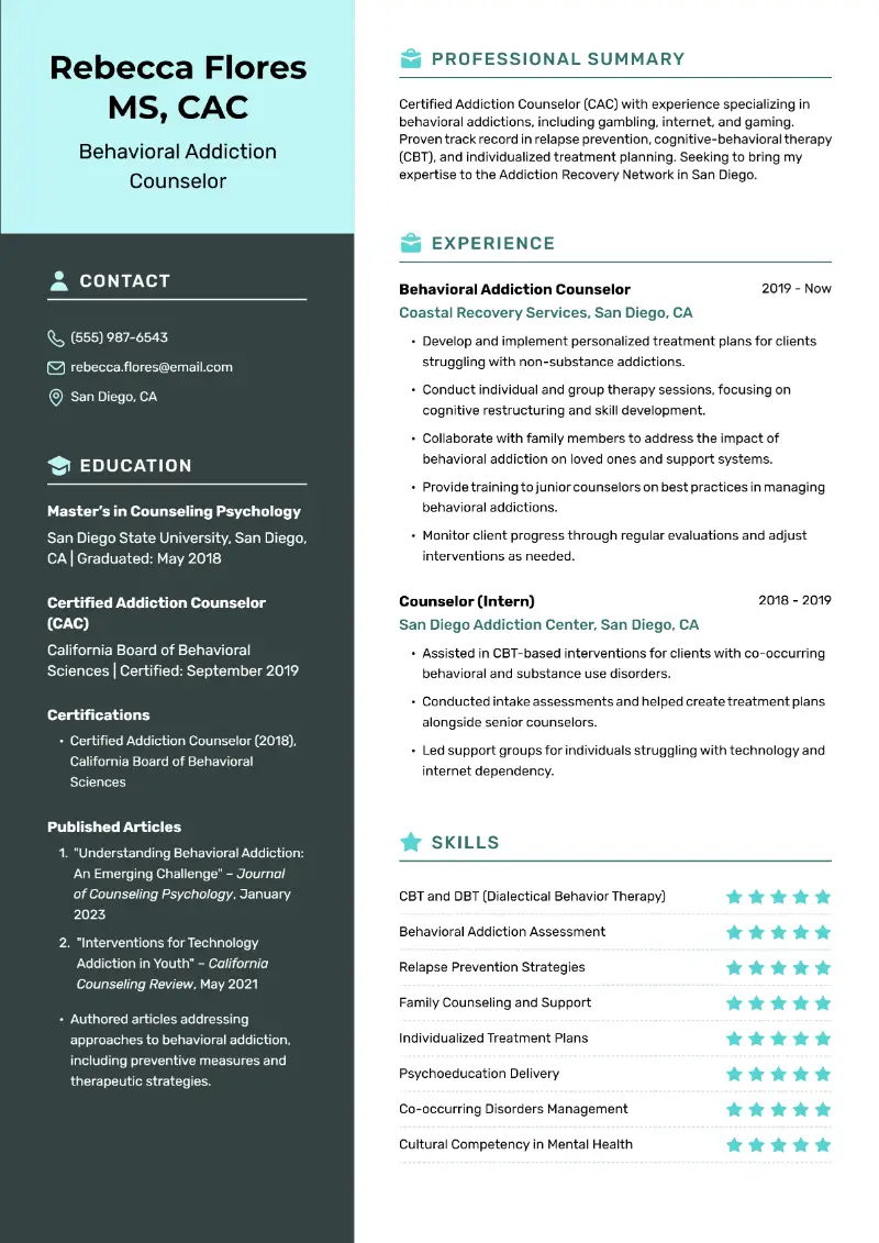 Behavioral Addiction Counselor Resume