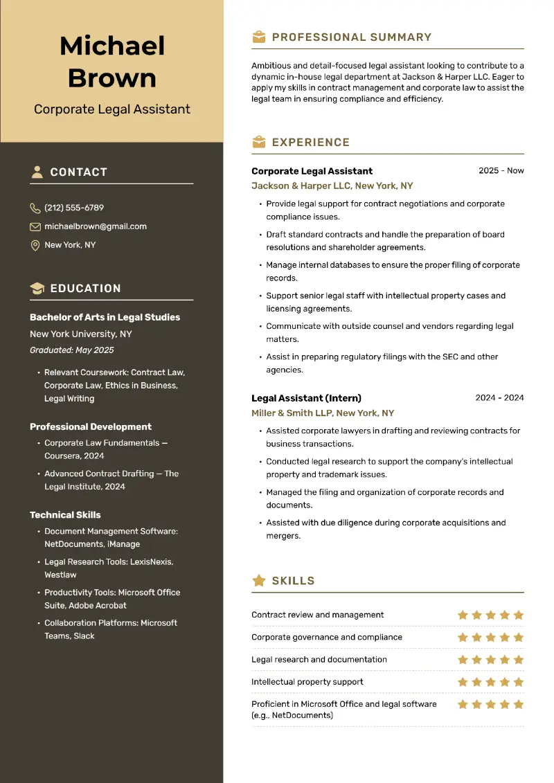 Corporate Legal Assistant Resume