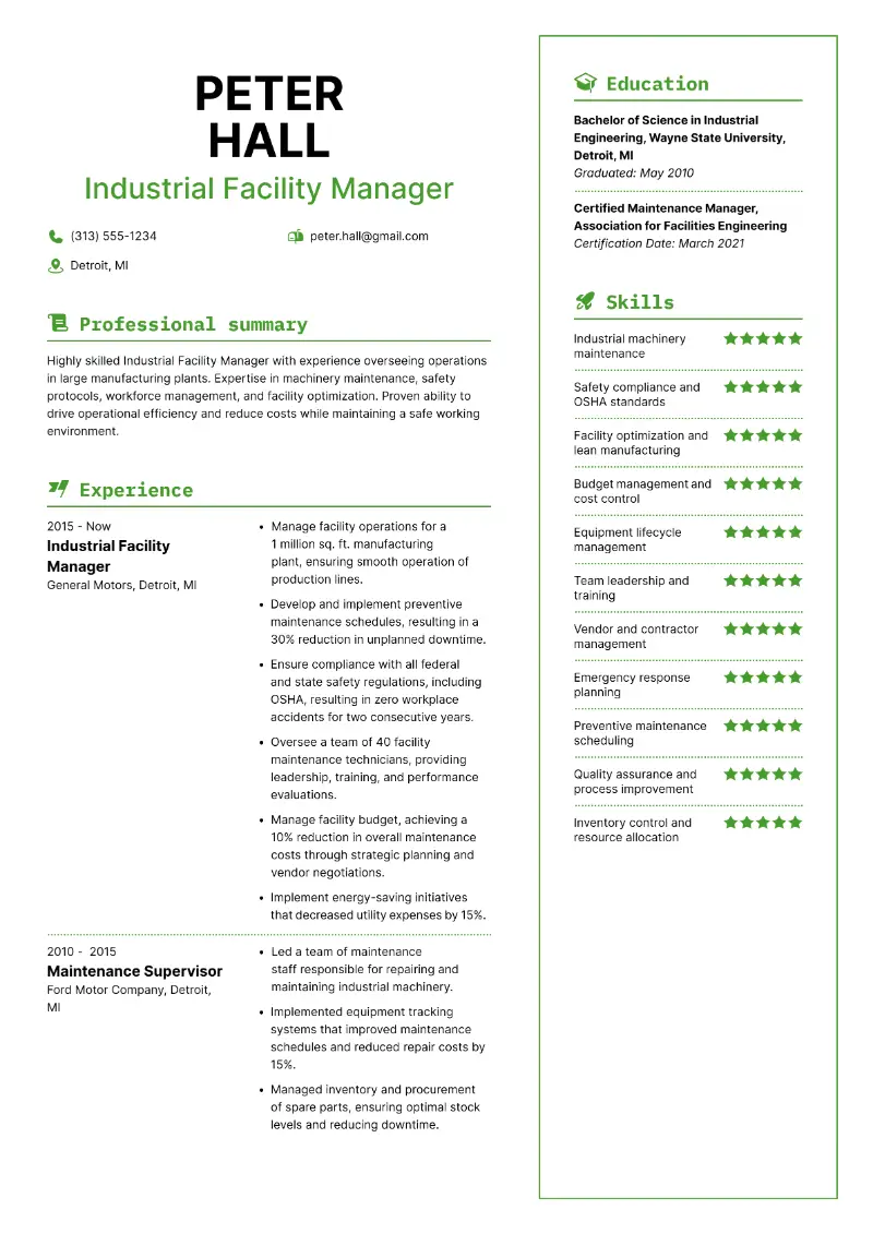 Industrial Facility Manager Resume
