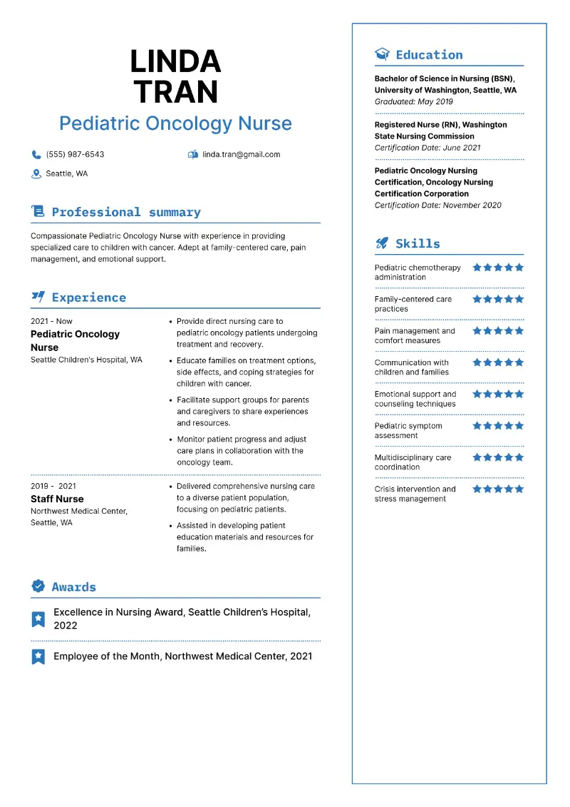 Pediatric Oncology Nurse Resume