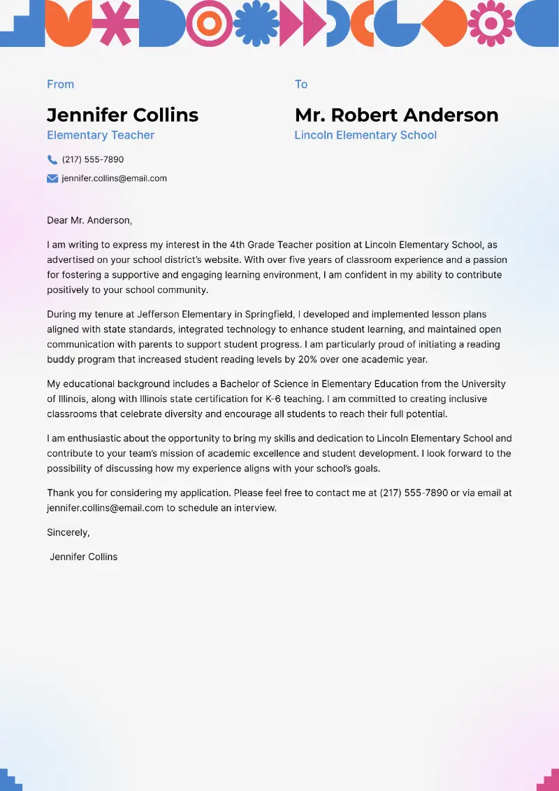 Elementary Teacher Cover Letter