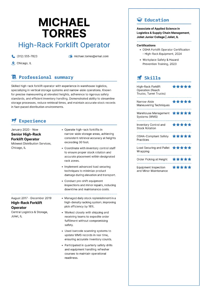 High-Rack Forklift Operator Resume