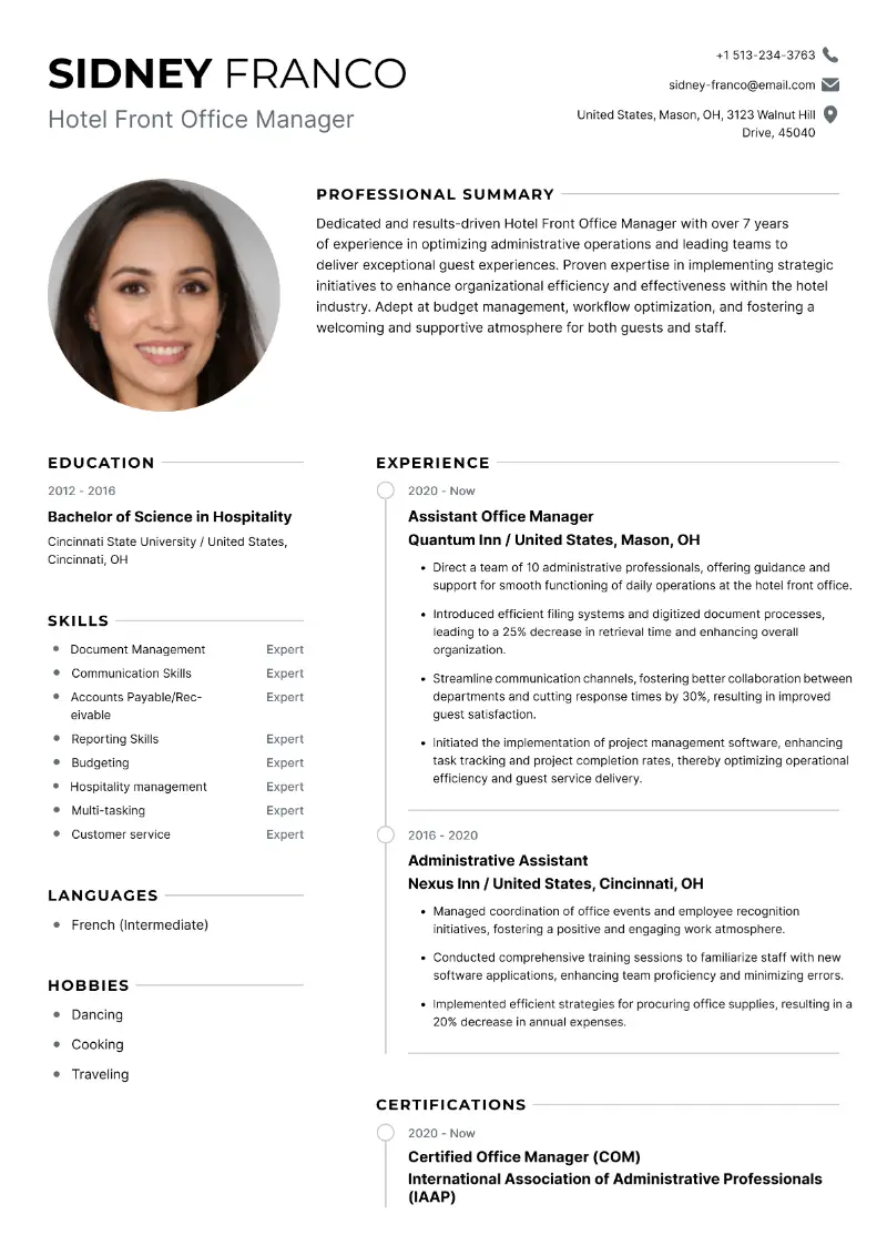 Hotel Front Office Manager Resume