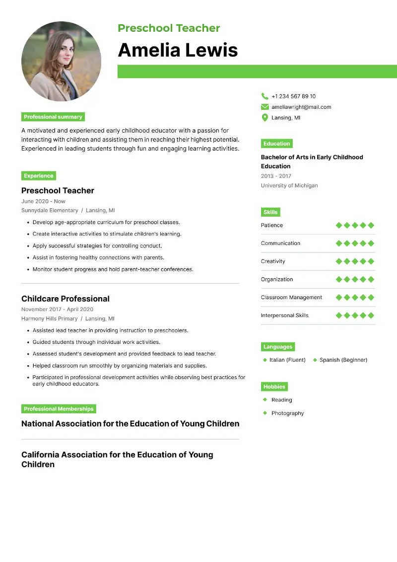 Preschool Teacher Resume
