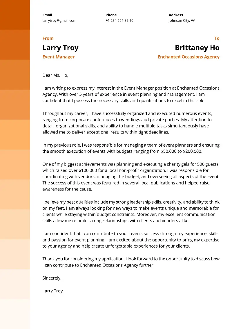 Event Manager Cover Letter