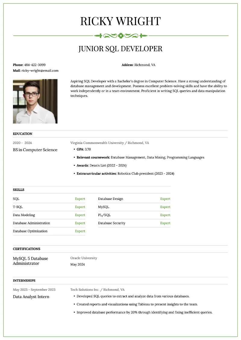 SQL Developer Resume Examples for 2024