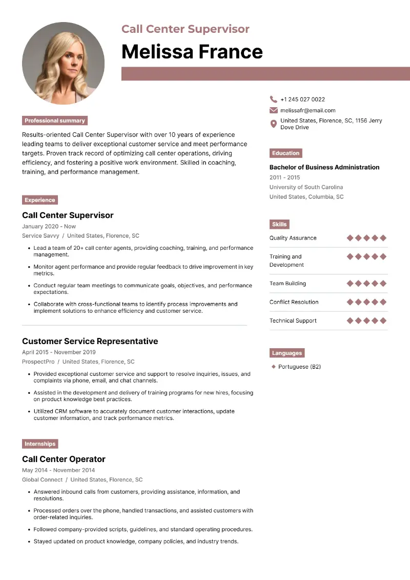 Call Center Supervisor Resume Call Center Supervisor Resume