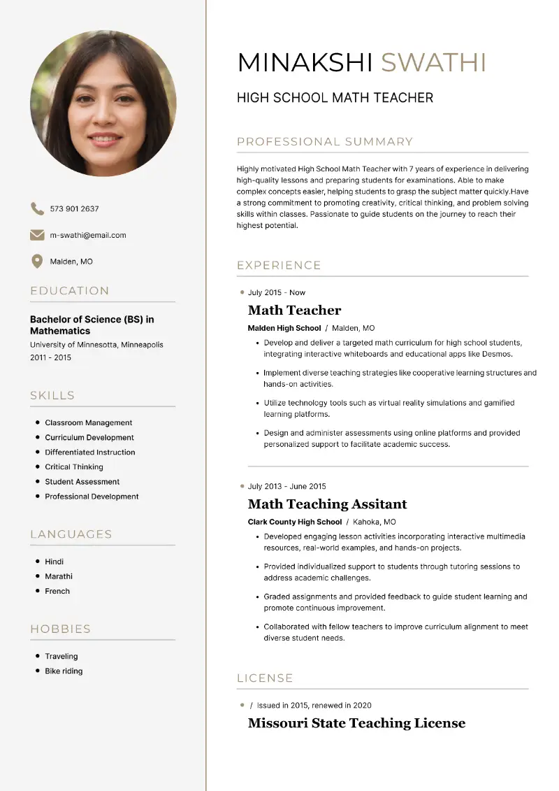 High School Math Teacher Resume High School Math Teacher Resume