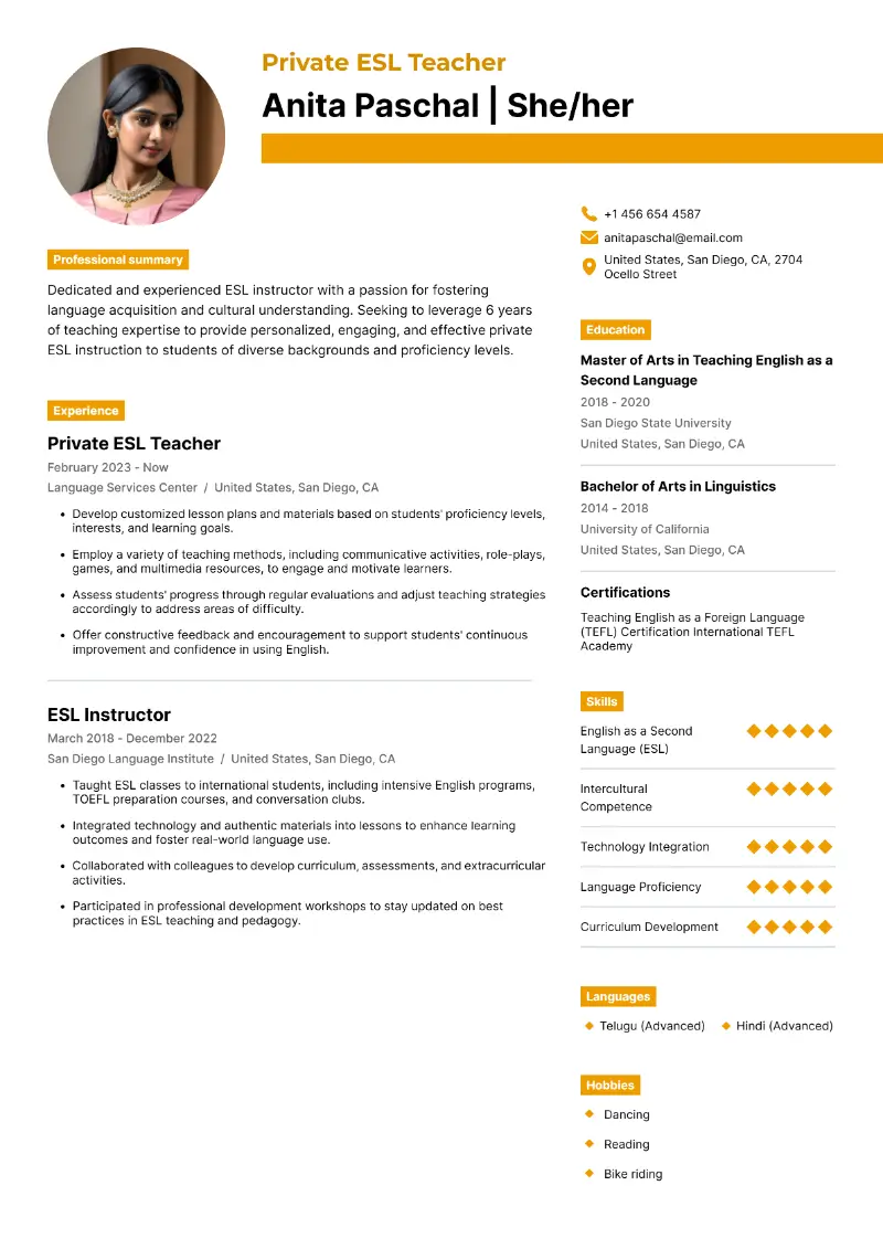 Private ESL Teacher Resume Private ESL Teacher Resume