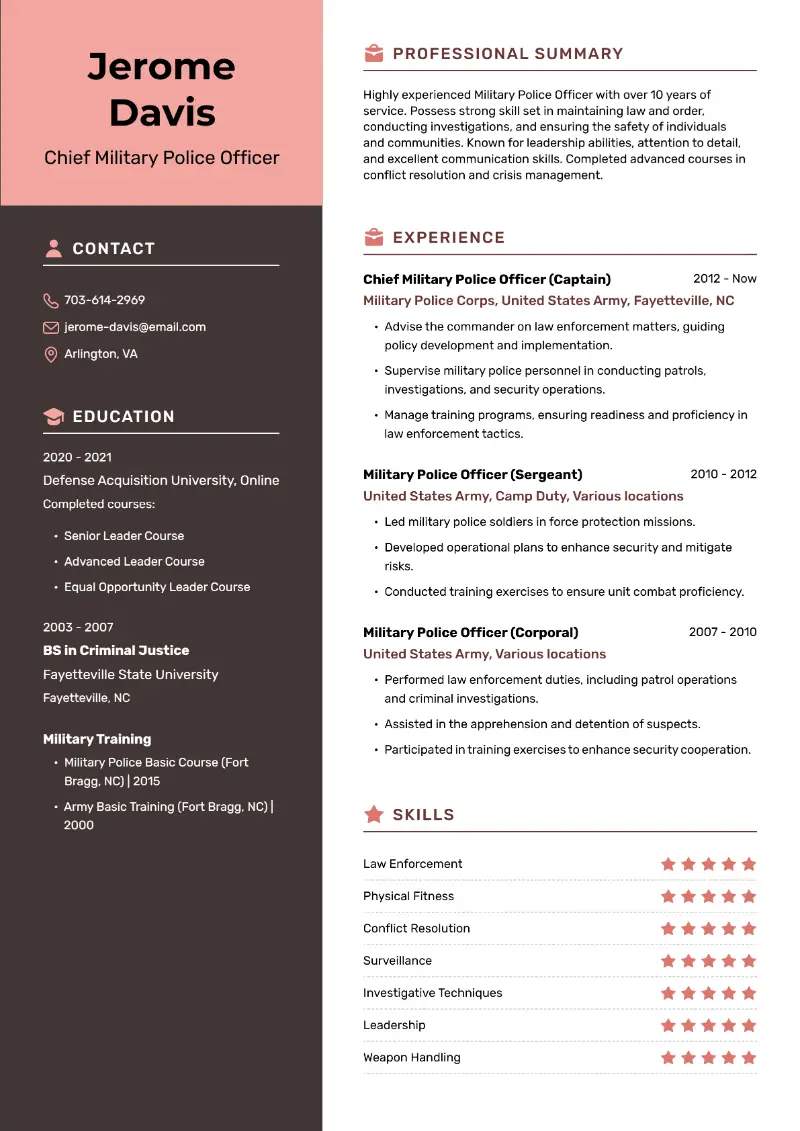 Chief Military Police Officer Resume Chief Military Police Officer Resume