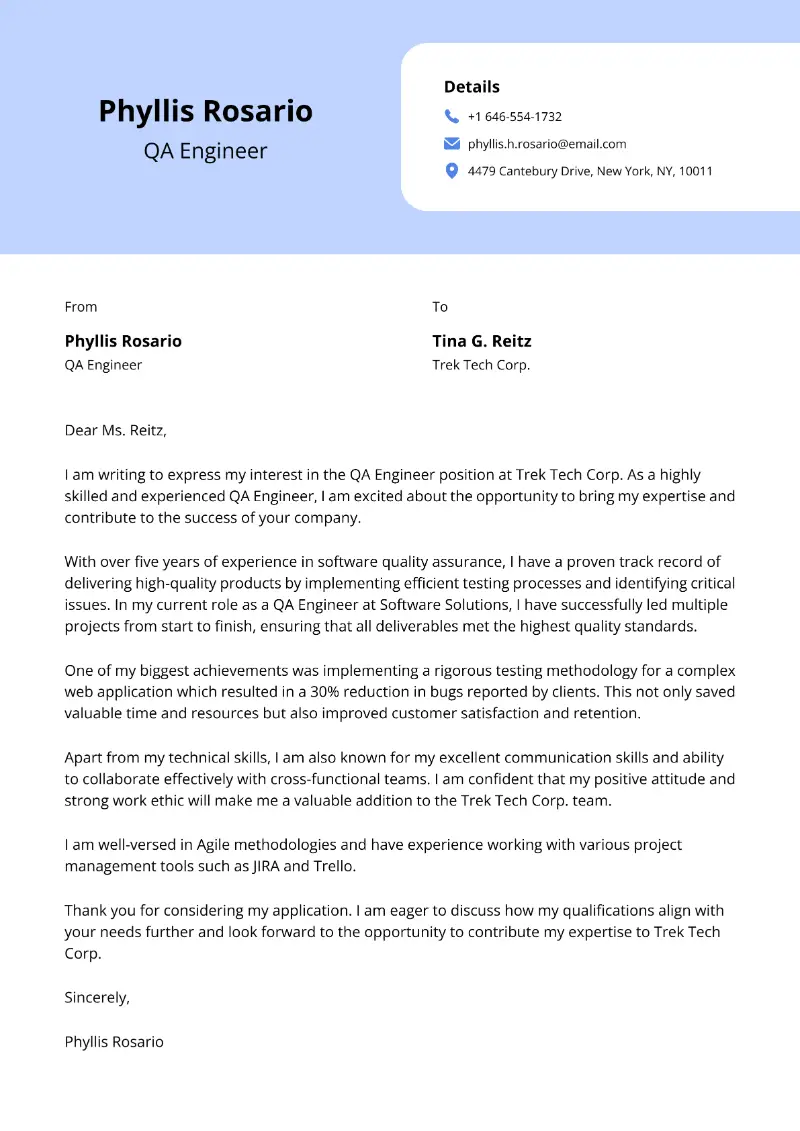 QA Engineer Cover Letter