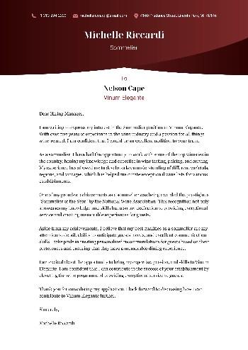 Sommelier Cover Letter