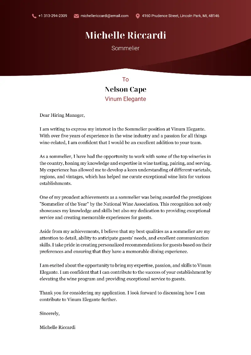 Sommelier Cover Letter