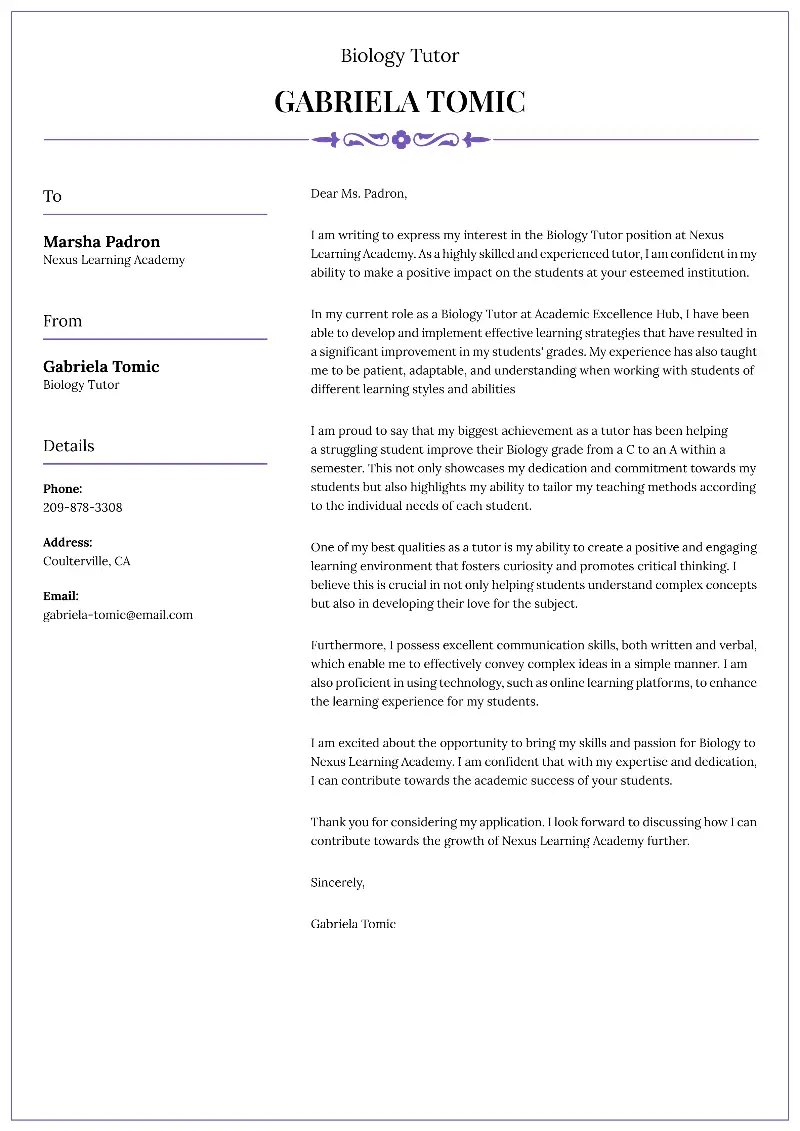 Biology Tutor Cover Letter Biology Tutor Cover Letter