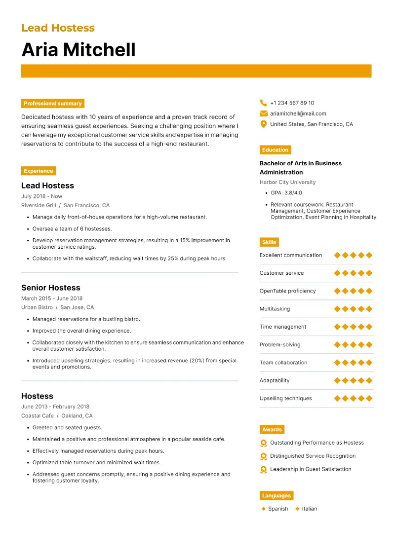 Lead Hostess Resume